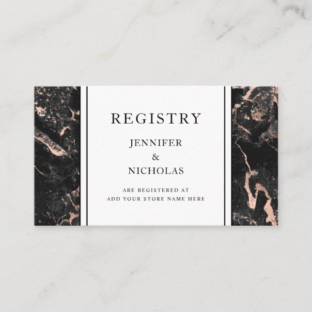 Elegant Rose Gold Black Marble Wedding Registry Enclosure Card (Front)