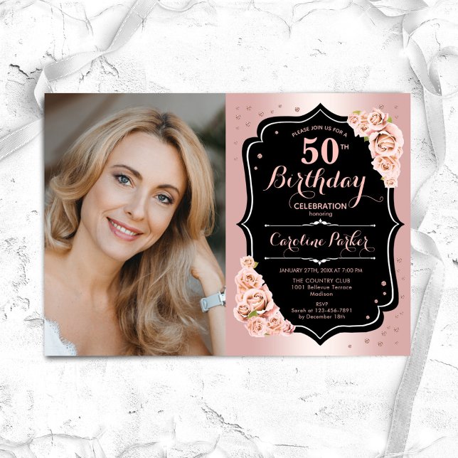 Elegant Rose Gold Black Photo 50th Birthday Invitation (Creator Uploaded)