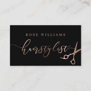 Elegant rose gold & black scissors hairstylist business card