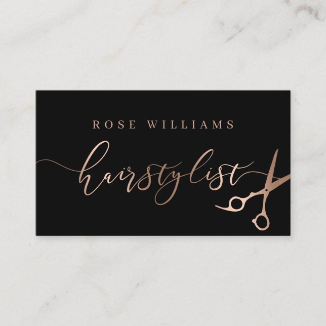 Elegant rose gold & black scissors hairstylist business card (Front)