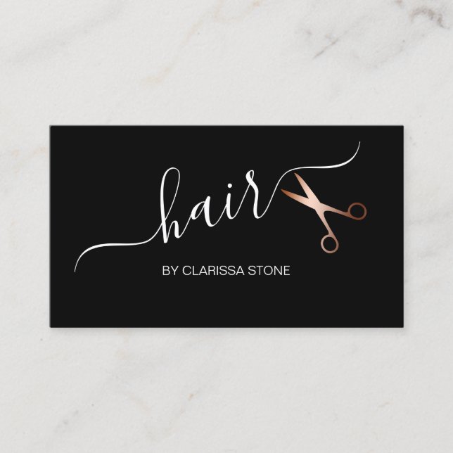 Elegant rose gold & black scissors hairstylist business card (Front)