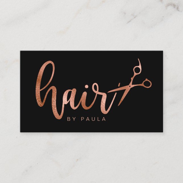 Elegant rose gold & black scissors hairstylist business card (Front)