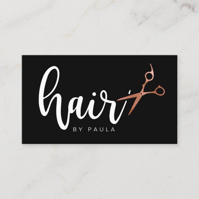 Elegant rose gold & black scissors hairstylist business card (Front)