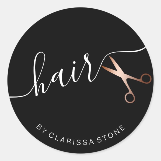 Elegant rose gold & black scissors hairstylist classic round sticker (Front)