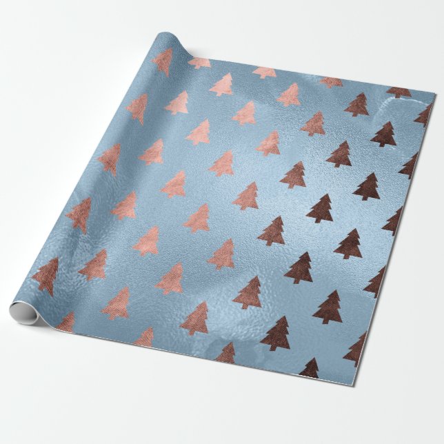 Elegant rose gold & blue Christmas tree pattern Wrapping Paper (Unrolled)