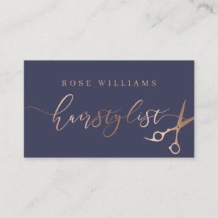 Elegant rose gold & blue scissors hairstylist business card