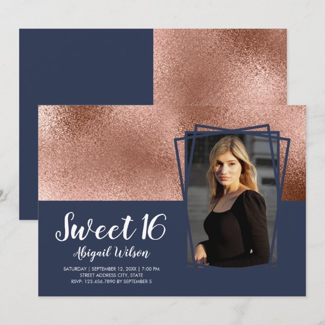 Elegant rose gold blue sweet sixteen birthday invitation (Front/Back)