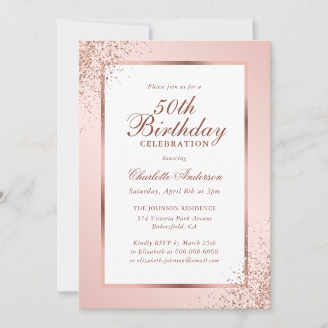 Elegant Rose Gold Blush Confetti 50th Birthday Invitation (Front)