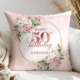 Elegant Rose Gold Blush Floral 50th Birthday   Cushion