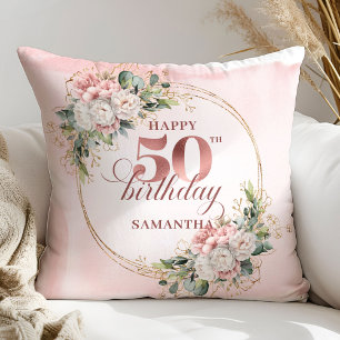 Elegant Rose Gold Blush Floral 50th Birthday Gift Cushion