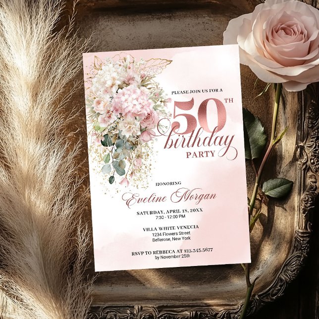 Elegant Rose Gold Blush Floral 50th Birthday Party Invitation (Elegant Rose Gold Blush Floral 50th Birthday Party Invitation

)