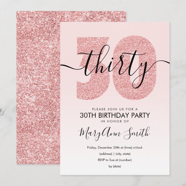 Elegant Rose Gold Blush Glitter 30th Birthday  Invitation (Front/Back)