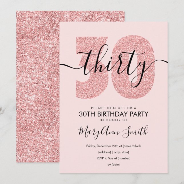 Elegant Rose Gold Blush Glitter 30th Birthday  Invitation (Front/Back)