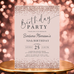 Elegant Rose Gold Blush Glitter 50th Birthday Invitation
