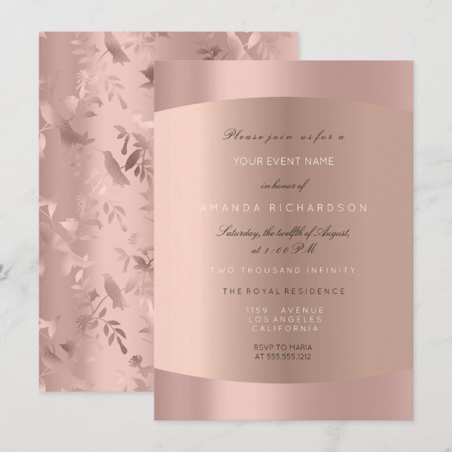 Elegant Rose Gold Blush Humming-bird Floral Formal Invitation (Front/Back)
