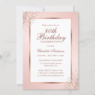 Elegant Rose Gold Blush Pink 80th Birthday Invitation