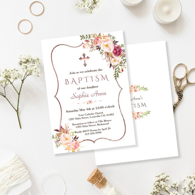 Elegant Rose Gold Blush Pink Floral Baptism  Invitation (rose gold pink floral baptism, trendy floral gold baptism invitation, elegant pink flowers  baptism)
