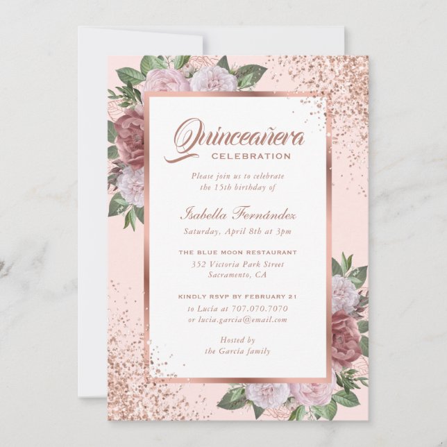 Elegant Rose Gold Blush Pink Floral Quinceañera Invitation (Front)