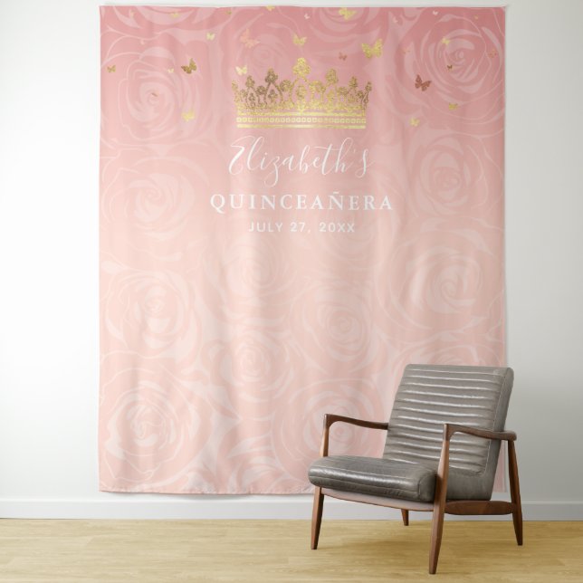 Elegant Rose Gold Blush Pink Quinceanera Photo Tapestry (In Situ)