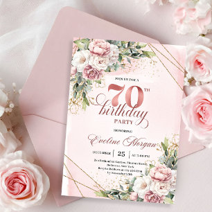 Elegant Rose Gold Bohemian Floral 70th Birthday Invitation