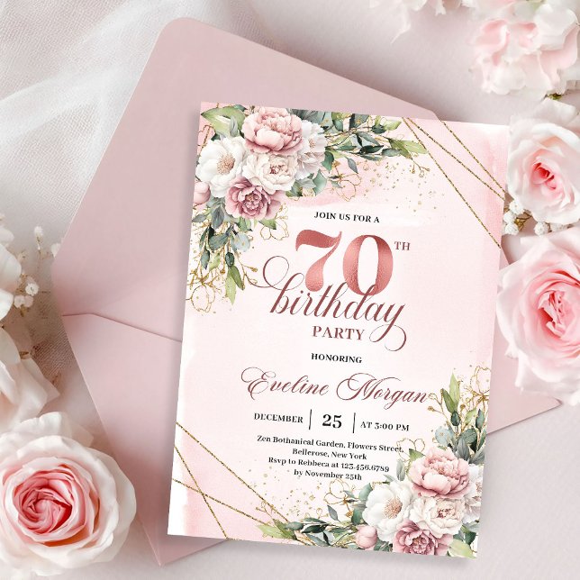 Elegant Rose Gold Bohemian Floral 70th Birthday   Invitation (Elegant Rose Gold Bohemian Floral 70th Birthday Invitation)