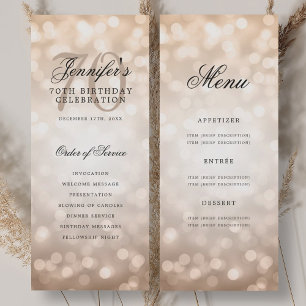 Elegant Rose Gold Bokeh 70th Birthday Program Menu Invitation