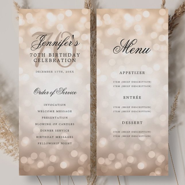 Elegant Rose Gold Bokeh 70th Birthday Program Menu Invitation (Elegant Rose Gold Bokeh 70th Birthday Program Menu)