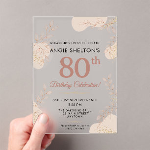 Elegant Rose Gold Botanical 80th Birthday Acrylic Invitations