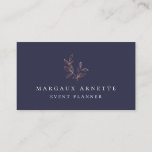 Elegant Rose Gold Botanical Logo Blue Business Card