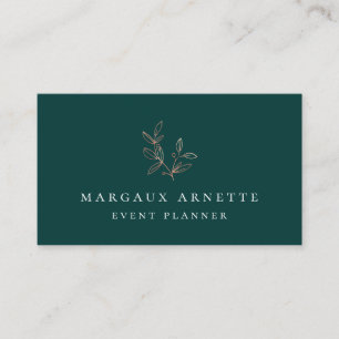 Elegant Rose Gold Botanical Logo Teal Business Card