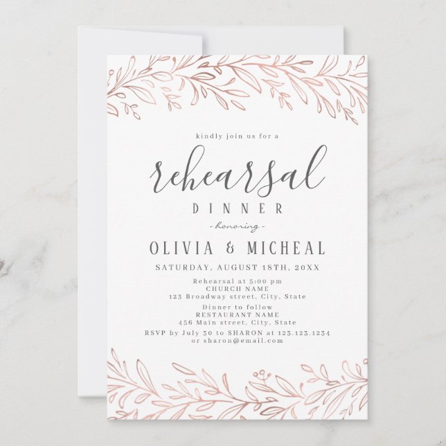 Elegant rose gold botanical rehearsal dinner invitation (Front)