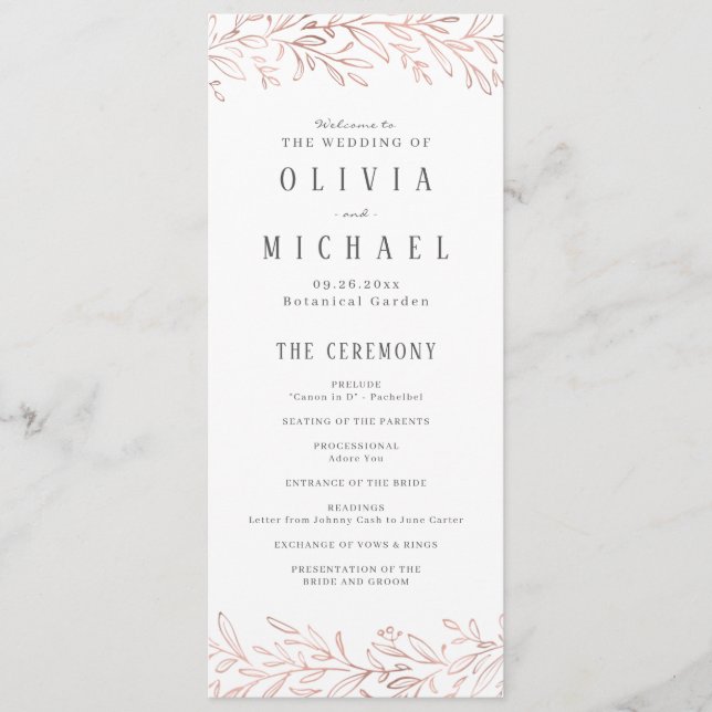 Elegant rose gold botanical wedding program menu (Front)