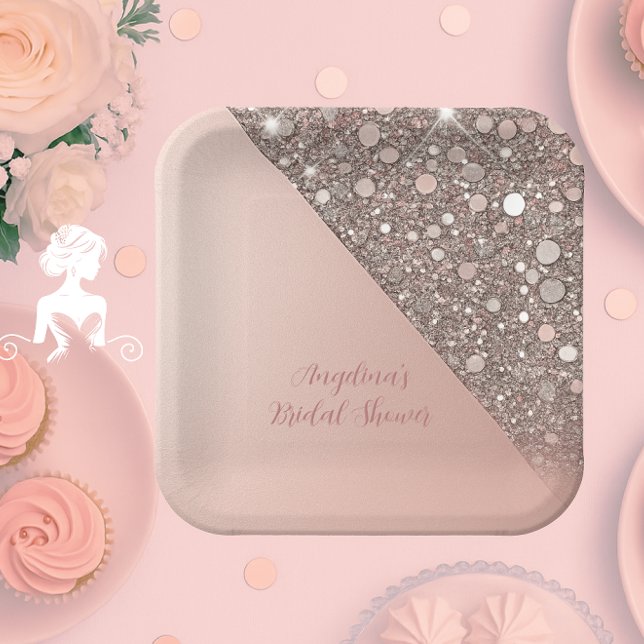 Elegant Rose Gold Bridal Shower Paper Plate (Elegant rose gold bridal shower plate styled for dessert tables, sweet stations, and party displays.)