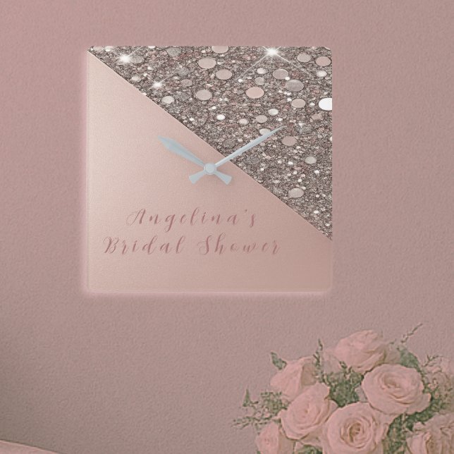 Elegant Rose Gold Bridal Shower  Square Wall Clock (Bridal suite-ready clock adds a touch of glam to your wedding morning décor.)
