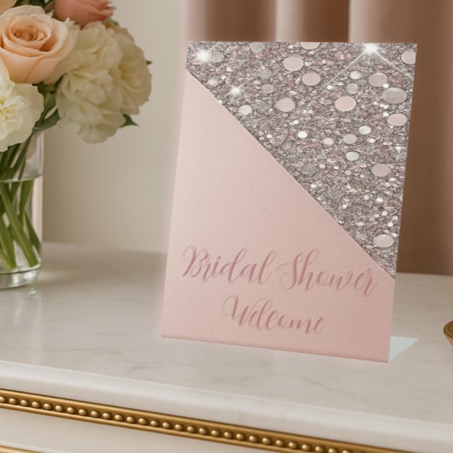 Elegant Rose Gold Bridal Shower Welcome  Pedestal Sign (Welcome guests in style with this elegant rose gold bridal shower sign with a soft shimmer glow.)