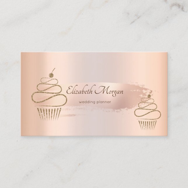 Elegant Rose Gold Brush Stroke,Gold Cupcakes Business Card (Front)