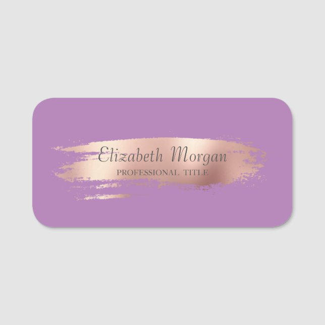 Elegant Rose Gold Brush Stroke,Violet Name Tag (Front)