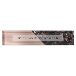 Elegant Rose Gold Brushed Metal Black Marble Nameplate