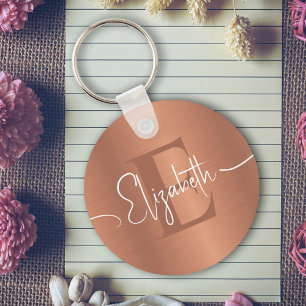 Elegant Rose Gold Brushed Metal Girly Monogrammed Key Ring