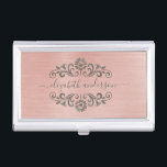 Elegant Rose Gold Brushed Metal Monogram Script Business Card Holder<br><div class="desc">A classy metallic rose gold brushed metal business card holder. Business card holder has script monogram with a metallic pink background. A Designed for you by Blackberry Boulevard.</div>