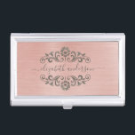 Elegant Rose Gold Brushed Metal Monogram Script Business Card Holder<br><div class="desc">A classy metallic rose gold brushed metal business card holder. Business card holder has script monogram with a metallic pink background. A Designed for you by Blackberry Boulevard.</div>