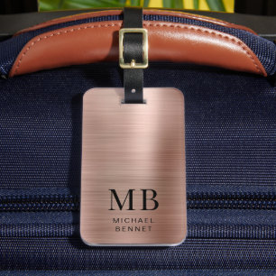 Elegant Rose Gold Brushed Metal Monogrammed Luggage Tag