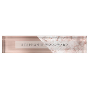 Elegant Rose Gold Brushed Metal Pink Marble Nameplate