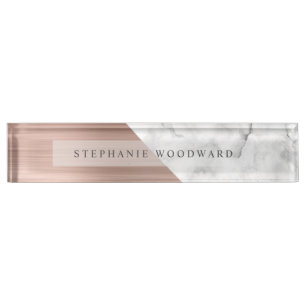 Elegant Rose Gold Brushed Metal White Marble Nameplate