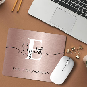 Elegant Rose Gold Brushed Metal White Monogrammed Mouse Mat