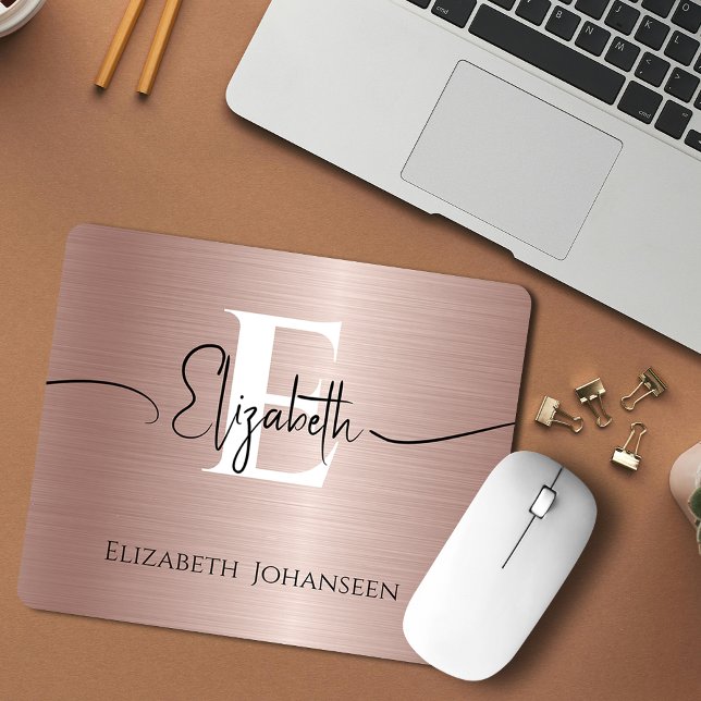 Elegant Rose Gold Brushed Metal White Monogrammed Mouse Mat (Creator Uploaded)