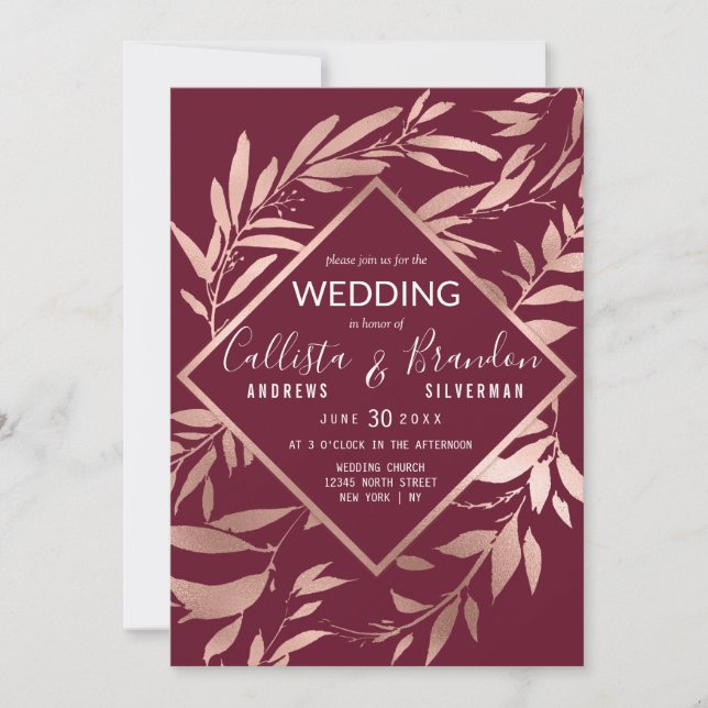 Elegant Rose Gold Burgundy Floral Leaves Wedding Invitation (Front)