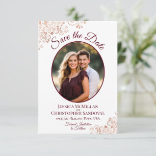 Elegant Rose Gold & Burgundy Oval Photo Wedding Save The Date
