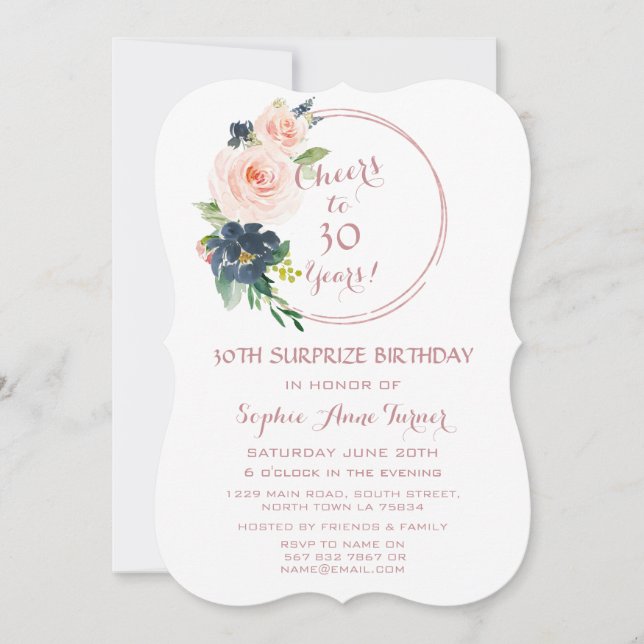 Elegant Rose Gold Bush Blue Flowers 30th Birthday Invitation (Front)