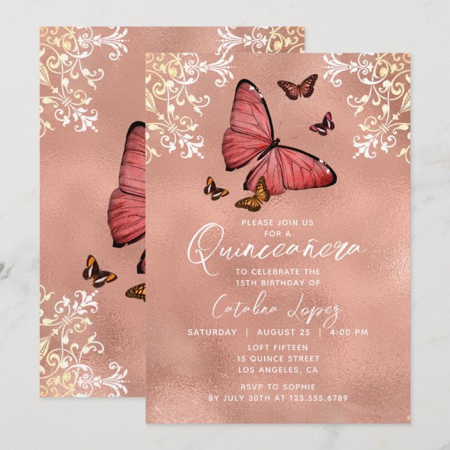 Elegant Rose Gold Butterfly Floral Quinceañera Invitation (Front/Back)